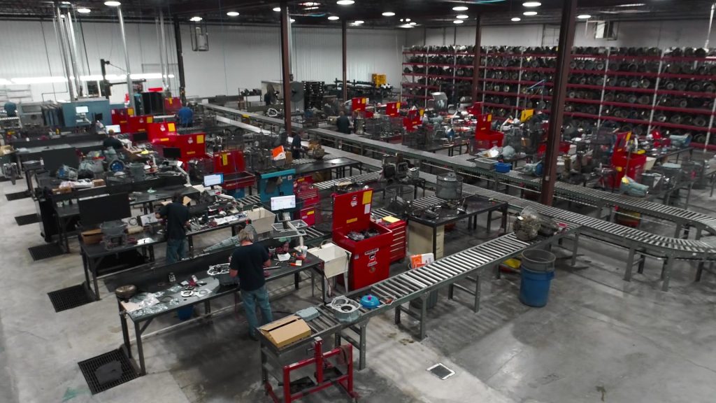 The interior of a large transmission remanufacturing factory.