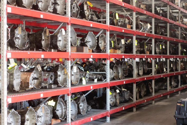 Hundreds of transmissions cores on shelves at the ACE Transmission remanufacturing plant in Springfield MO.