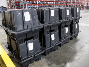 Shipping totes for remanufactured transmissions.