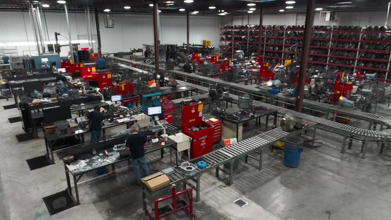 The interior of a large transmission remanufacturing factory.